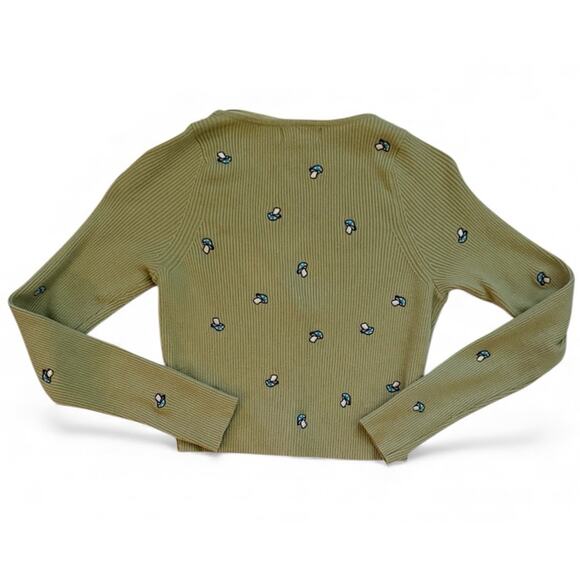 LA Hearts Green Ribbed Button Embroidered Mushroom Cropped Cardigan Cottagecore - Picture 2 of 6